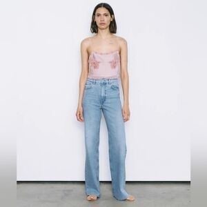 Zara The 90's Full Length High Rise Wide Leg Unfinished Hem Women Jeans NWOT